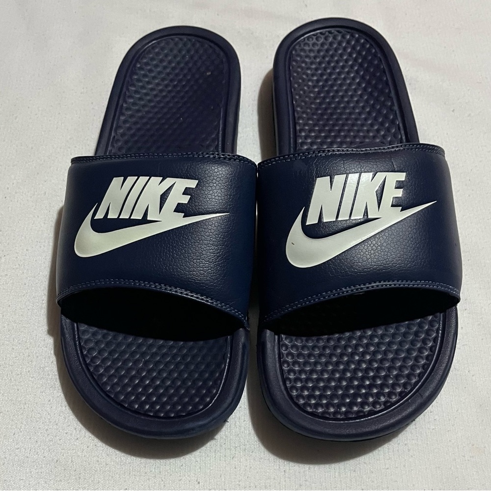 Men’s Nike Dark Blue Slide Sandals with White Logo Size 13